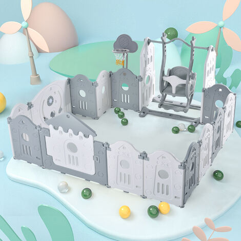 Parc bébé parc pliable 160x160x77cm, (12+2 panneaux), parcs, grille de protection en plastique avec porte & planche à jouets & panier de basket & balançoire pour enfants. Les accessoires de jeu peuven