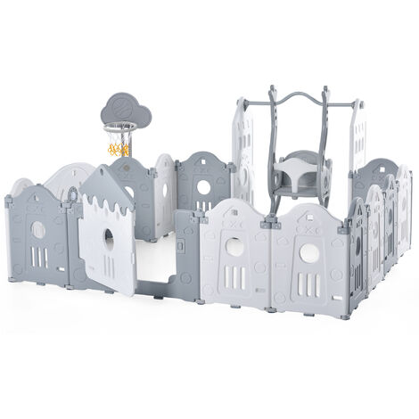Parc Bébé Pliable 160x160x77cm, (12+2 Panneaux), Grille de Protection Plastique avec Porte + Planche à Jouets + Panier de Basket + bBalançoire pour Enfants