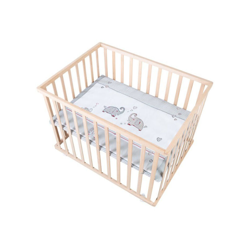 Parc Bébé sur Roulettes Roba Jumbotwins - Réglable en Hauteur - Tapis de Parc Inclus - Bois Massif Naturel - Motif Élép