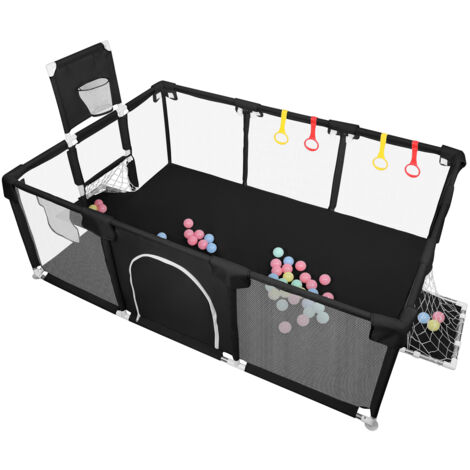 Parc de Jeu Bébé XXL 180x120x66cm Noir - Avec 50 Balles + Panier de Basket & Tissu Oxford Renforcé Pliable et Lavable - Espace Sécurisé Multi-Activités pour Enfants dès 6 Mois