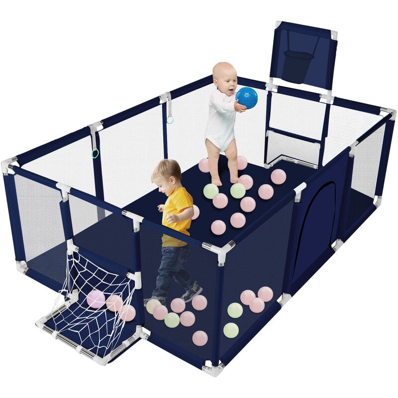 Parc d'enfant cloture de jeu 180 x 122cm avec panier de basket Bleu