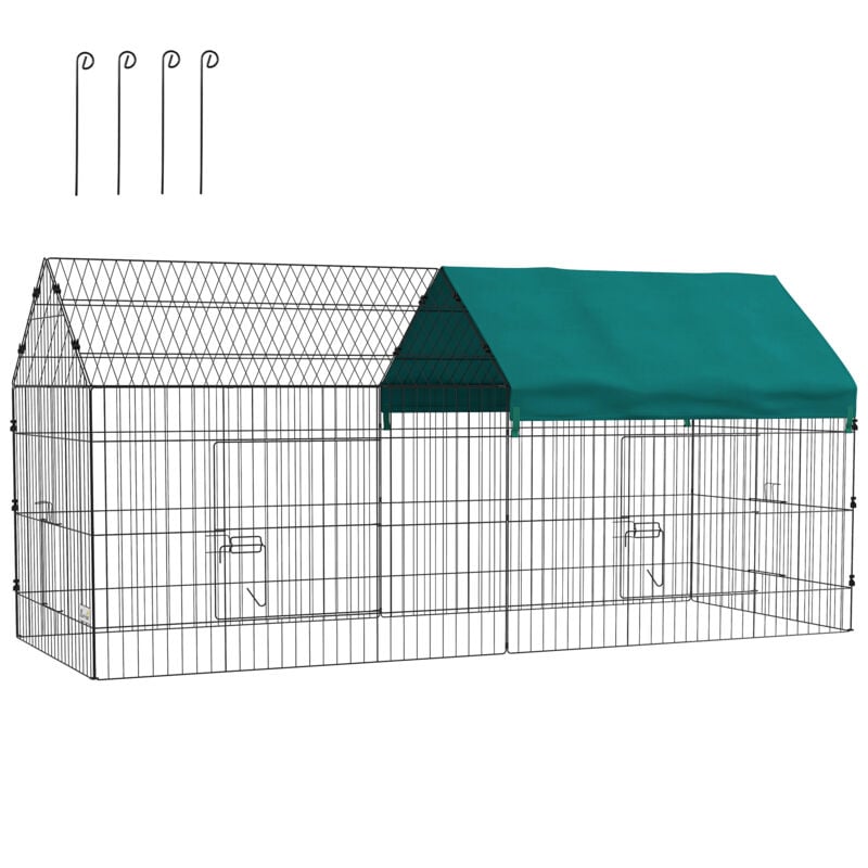 Parc enclos petits animaux - 2 portes, 2 trappes nourrissages, zone couverte - acier noir polyester vert