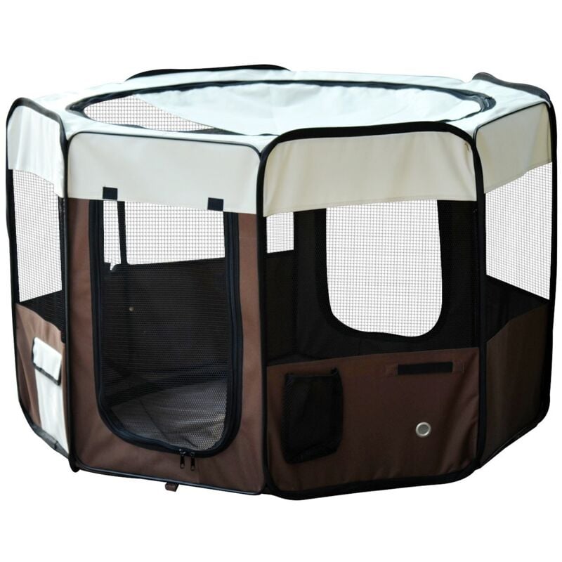 Pawhut - Parc enclos pliable chien chat ø 117 x 76H cm - 2 portes, 2 poches, sac transport - acier Oxford marron beige