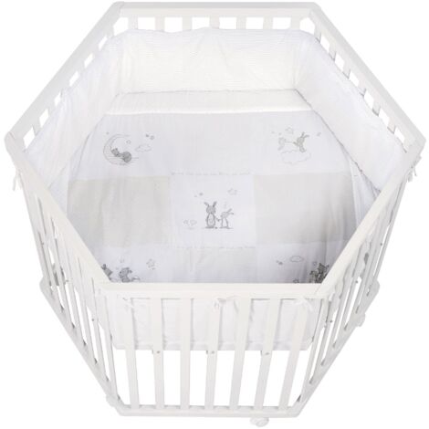 Parc hexagonal - ROBA - FOX & BUNNY - De la naissance jusqu'a 15 kg - Réglable - Roulettes - Blanc laqué