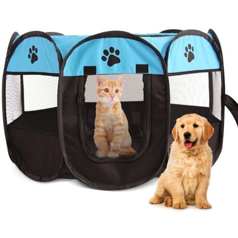 Parc Pliable pour Animaux de Compagnie 74 x 74 x 43cm, EUBSWA Parc Idéal pour Chiens, Chats, Intérieur et Extérieur (Bleue)