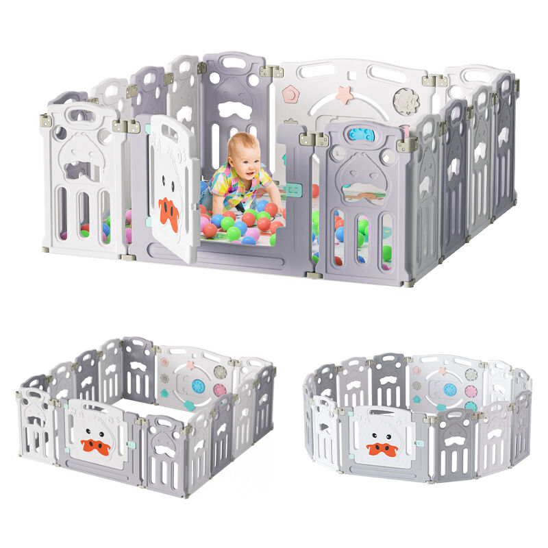 Parc pliable pour bébé avec tapis d'éveil, parc pour bébé, parc pliable à 14 panneaux, barrière de protection pour enfants, en plastique, gris et