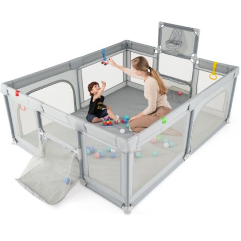 Parc pour Bébé 188 x 157 cm avec Panier de Basket But de Football Barrière de Jeu avec Porte Zippée Maille Anneaux de traction Gris Clair