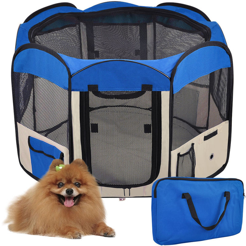 Parc pour Chien Chat Pliable,125*125*61cm,49cm*61cm*8pcs + 1 Housse de Transport-Bleu