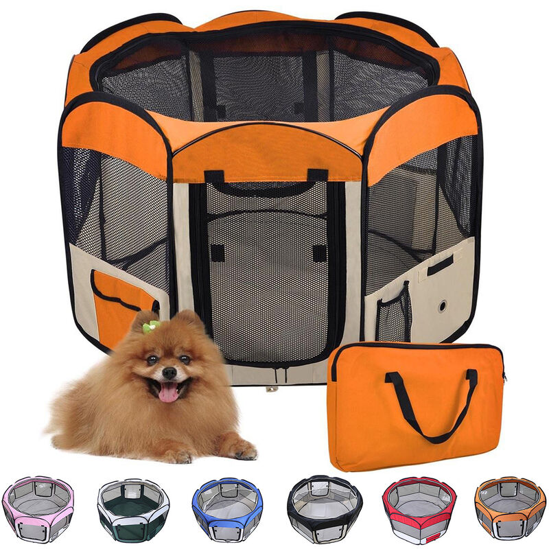Parc pour Chien Chat Pliable,125*125*61cm,49cm*61cm*8pcs Bleu + 1 Housse de Transport-Orange