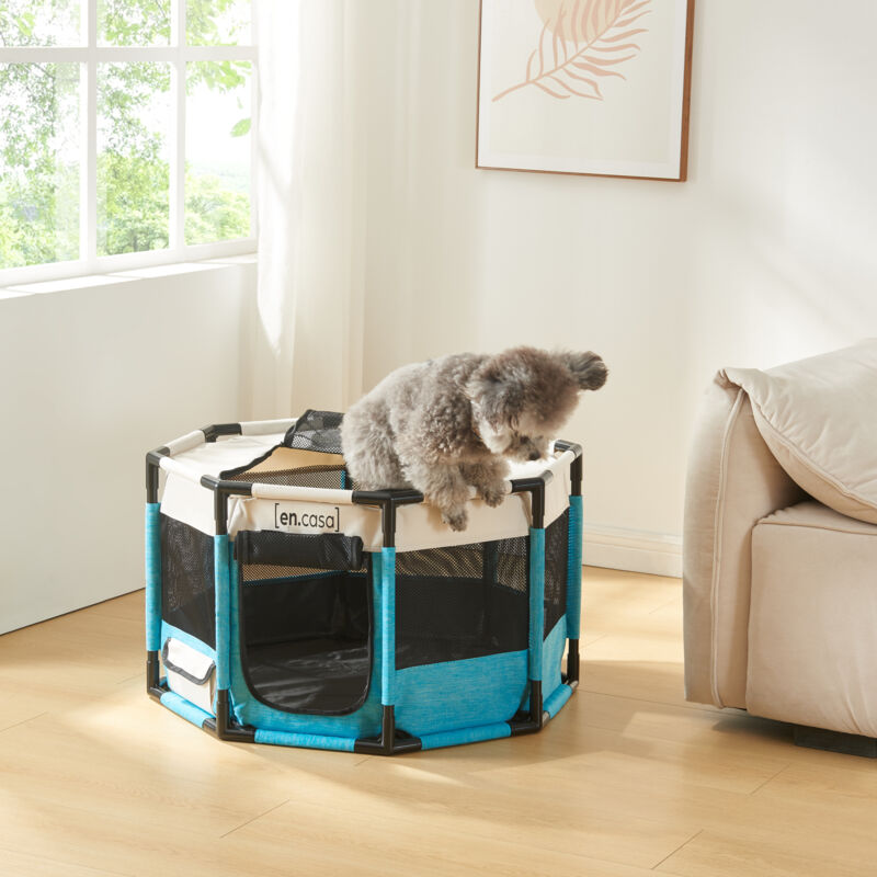 Parc pour chiens Nærøysund 112 x 112 x 62 cm bleu beige [en.casa]