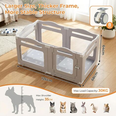 Parc pour Chiot en Acrylique 126×68 cm, Enclos pour Chien avec Roues et Plaque Base, Parc Chien Interieur 64cm, 5+1 PCS Panneaux Caisse Mise Bas pour Chiots avec Tapis Imperméable,Gris