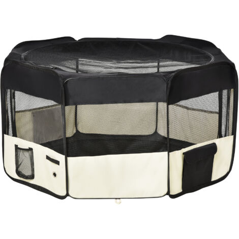 Parc pour chiots pliable, enclos chien avec couverture filet respirante Ø120 x 58H cm Noir et crème