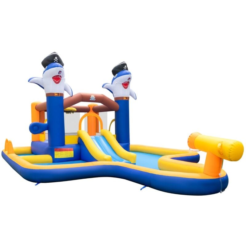 Design In - Parc Toboggan Aquatique 7 en 1 Toboggan gonflable avec Piscine Canon à Eau Jeu de Boxe pour Enfants 3 à 10 Ans sans Souffleur Multicolore