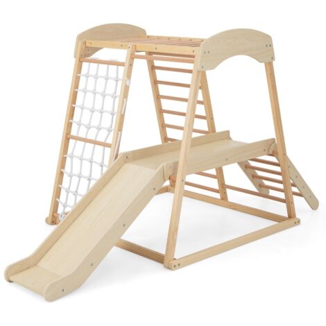 Parco giochi 6-in-1 per bambini 1+ anni con barre di scimmia scivolo corda e scale in legno, Palestra in legno Naturale