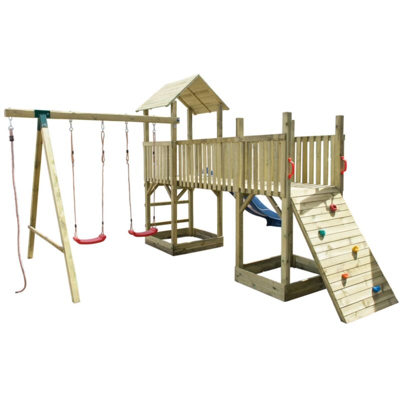 Scivolo In Legno Per Giardino Con Altalena Per Bambini, Composizione 5 Pezzi SavinOutdoor, Made In Italy
