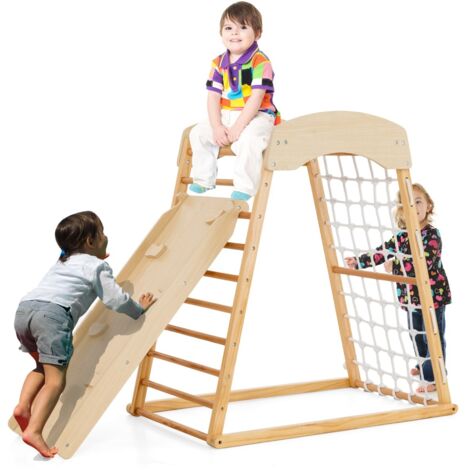 Parco giochi in legno con rampicata a doppia faccia sbarre per scimmie, Set gioco da arrampicata montessori Naturale