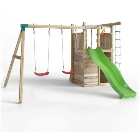 Parco giochi in legno Fungoo Houser con scivolo, due altalene e arrampicata