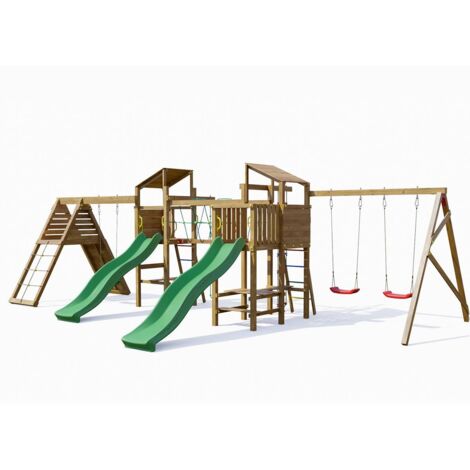 Parco Giochi in legno Playland BigFun TGG Play Con 3 Altalene, 2 Scivoli, Sabbiera, Arrampicata, Tavolo Picnic