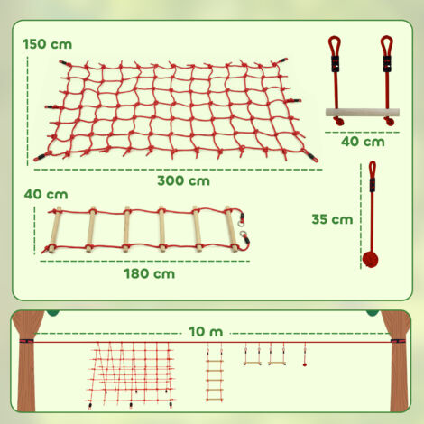 Parcours de slackline Ninja Line Kids de 10 m avec anneaux de gymnastique, balançoire, échelle d'escalade et filet d'escalade pour enfants de 3 à 6 ans, 1000 x 300 x 180 cm, rouge