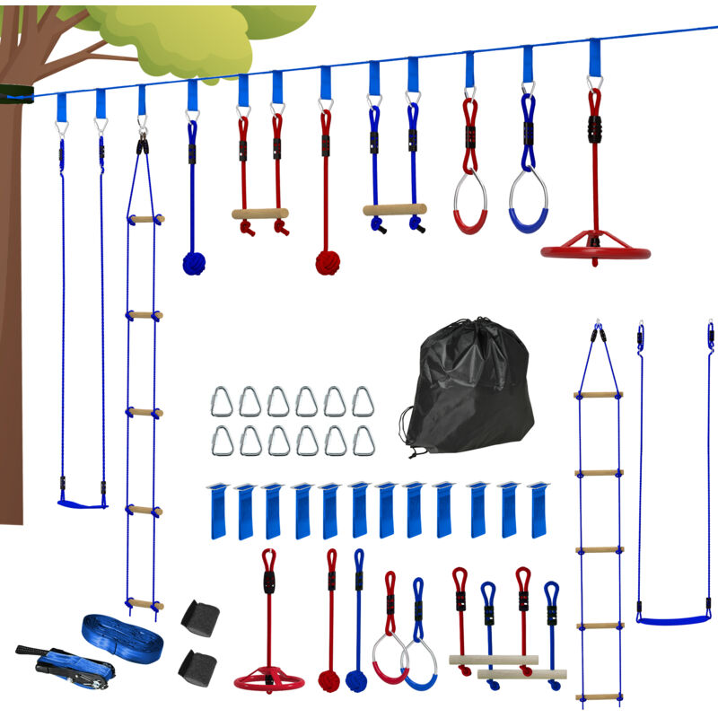 Parcours d'obstacles ninja enfant 10m 10 accessoires max. 50Kg - slackline, sac transport - rouge bleu