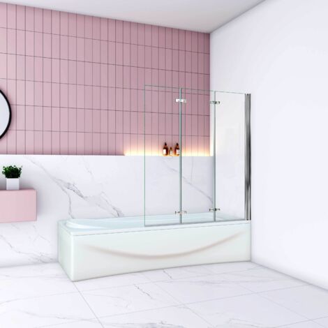 Pare-baignoire 130cm Hauteur 140cm, paroi de baignoire pivotante et pliante, 3 volets, écran de douche en verre anticalcaire