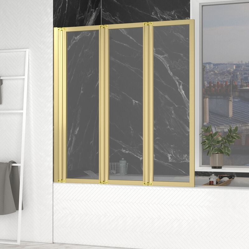 Aurlane - Pare baignoire Pivotant 3 Volets Or Brossé - 125x143 cm - Verre Trempé 4 mm - zaggy gold