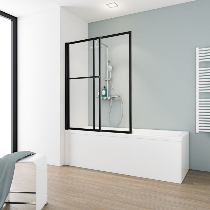 Pare-baignoire coulissant et pliant, 70 - 120 x 140 cm Schulte paroi de baignoire extensible 2 volets, verre 3 mm, profilé noir, verre transparent