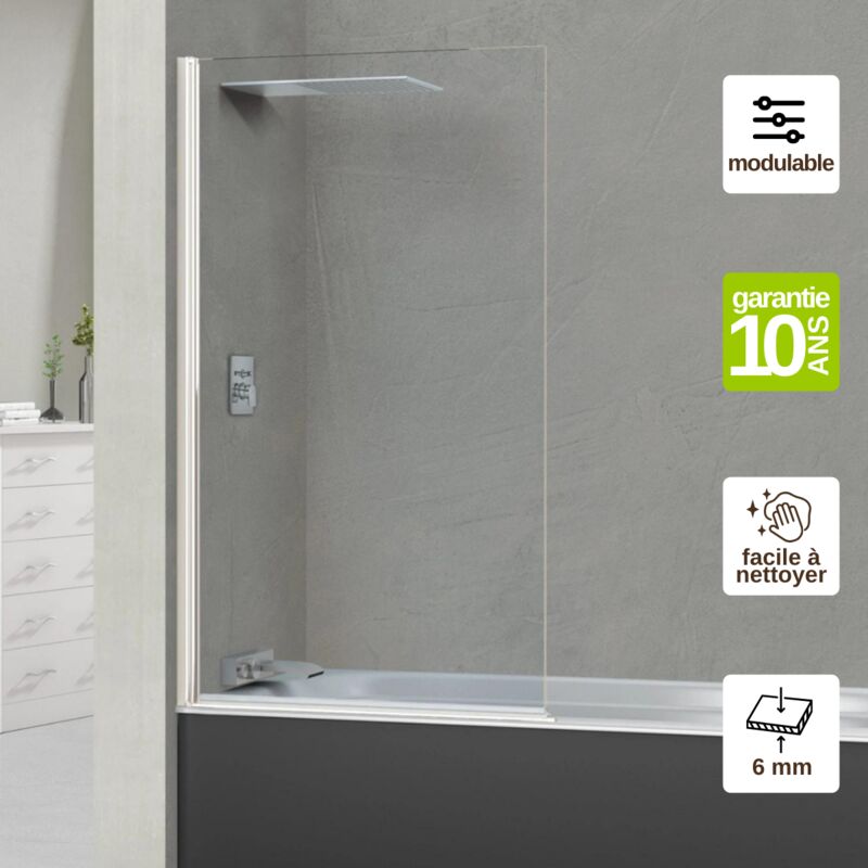 Superban - Pare Baignoire fixe + pivotant gauche en verre sécurité transparent ép 6mm anti calcaire, L85H147 cm, profilé blanc Alsace Sport