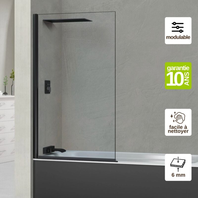 Superban - Pare Baignoire fixe + pivotant gauche en verre sécurité transparent ép 6mm anti calcaire, L85H147 cm, profilé noir Alsace Sport