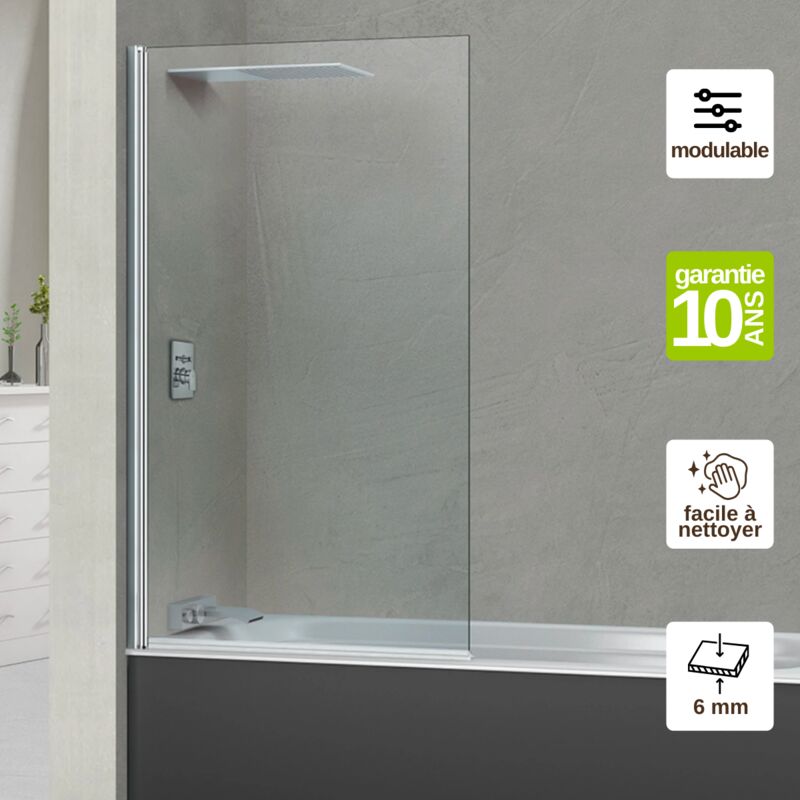 Superban - Pare Baignoire fixe + pivotant droit en verre sécurité transparent ép 6mm anti calcaire, L85H147 cm, profilé chrome Alsace Sport