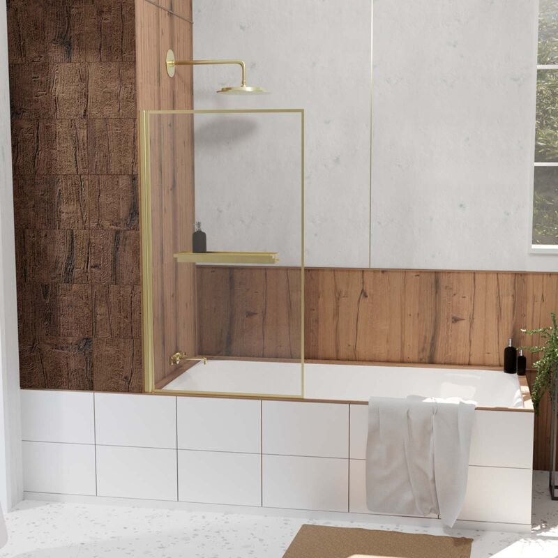 Pare baignoire Rabattable 80x140cm en Verre trempé - Porte-serviette et Etagère Or Doré Brossé