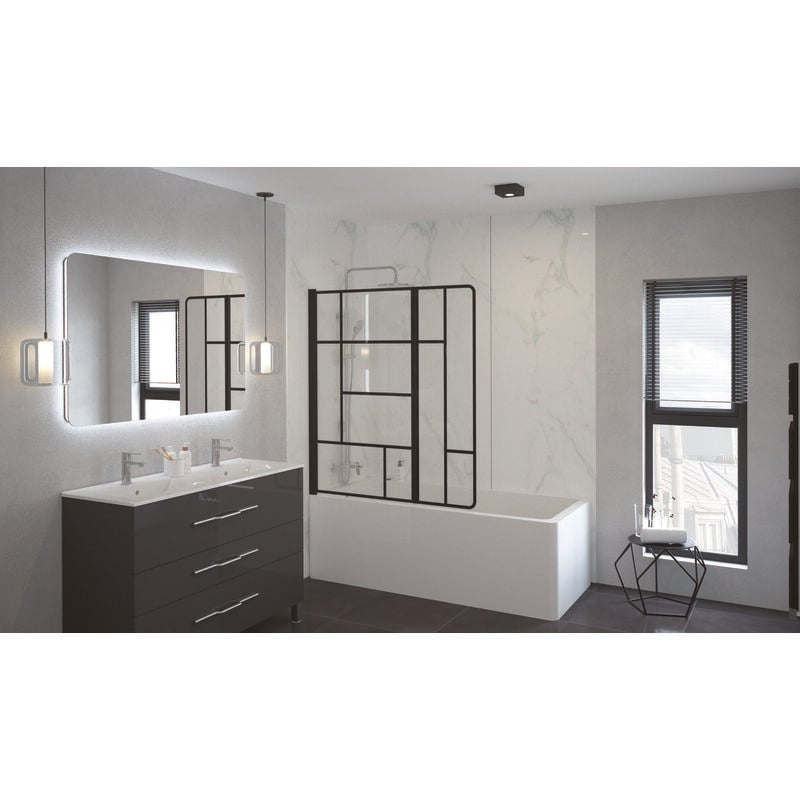 Ondee - Pare baignoire fabrilia - 120x140x0,5cm - Verre trempé - Finitions noir mat