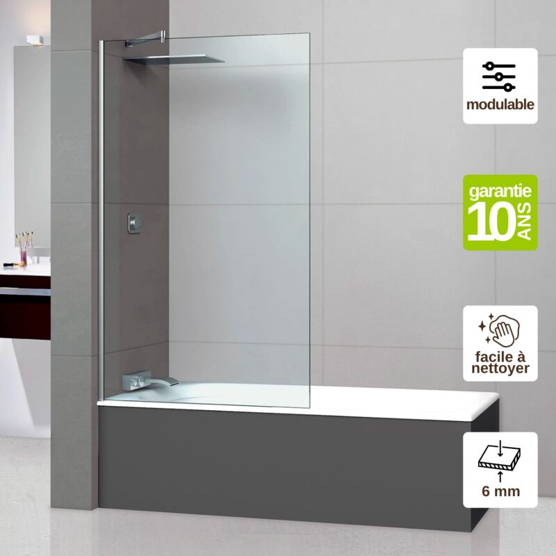 Superban - Pare Baignoire fixe en verre sécurité transparent ép 6mm anti calcaire, L120H147 cm, profilé chrome Mont Blanc cc
