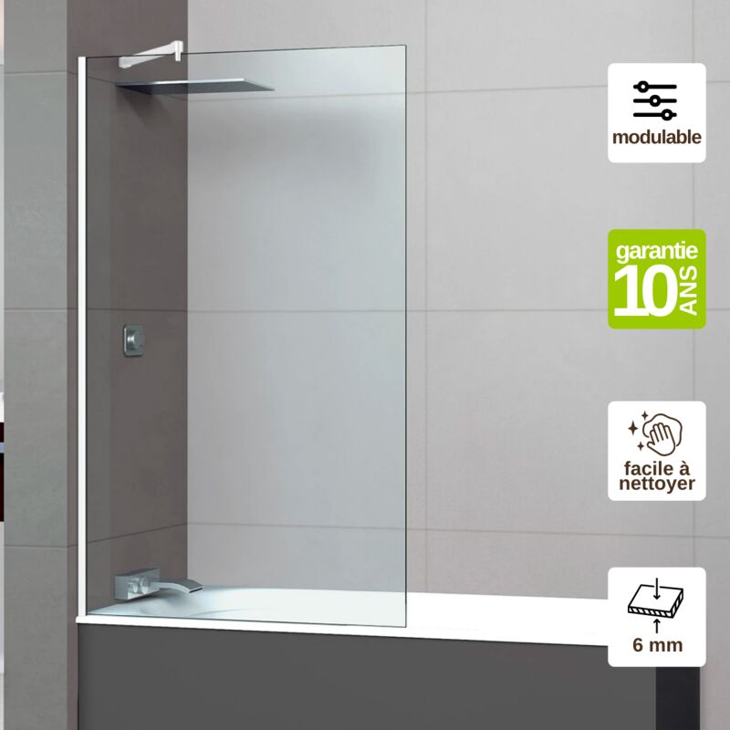 Pare Baignoire fixe en verre sécurité transparent ép 6mm anti calcaire, L110H147 cm, profilé blanc brillant Superban Mont Blanc cc