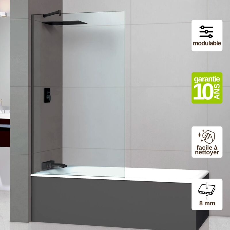Superban - Pare Baignoire fixe en verre sécurité transparent ép 8mm anti calcaire, L120H147 cm, profilé noir mat Mont Blanc cc