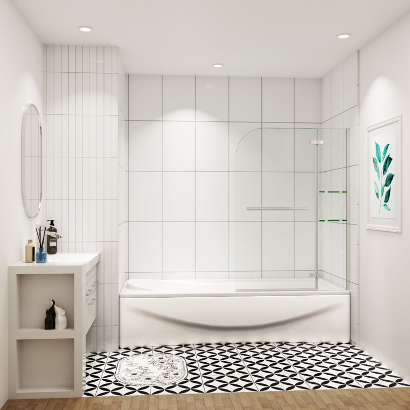 Pare-baignoire pivotant 90x140cm écran de baignoire pivotant à 90°， paroi de baignoire ne verre securit, avec porte-serviette, 2 étagères