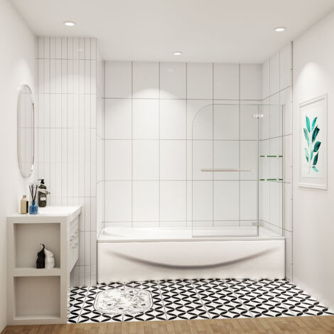 Pare-baignoire pivotant 120x140cm écran de baignoire pivotant à 90°， paroi de baignoire ne verre securit, avec porte-serviette, 2 étagères