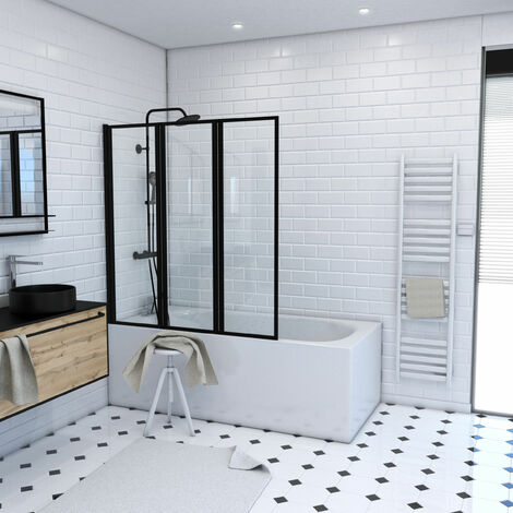 Pare-baignoire 100x140cm rectangle paroi pivotante à 240°, écran de douche  en verre securit avec 2 étagères