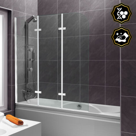 Pare-baignoire pivotant à 180degré pivotant Paroi de douche sanitaire 6mm Nano Repliable glass 3 parties 120x140cm Argent
