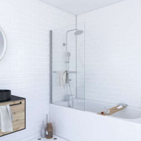 Aurlane – Pare-baignoire pivotant 150x85 cm – Verre trempé 6 mm – Porte-serviette chrome 50 cm – Aluminium chromé – Montage réversible