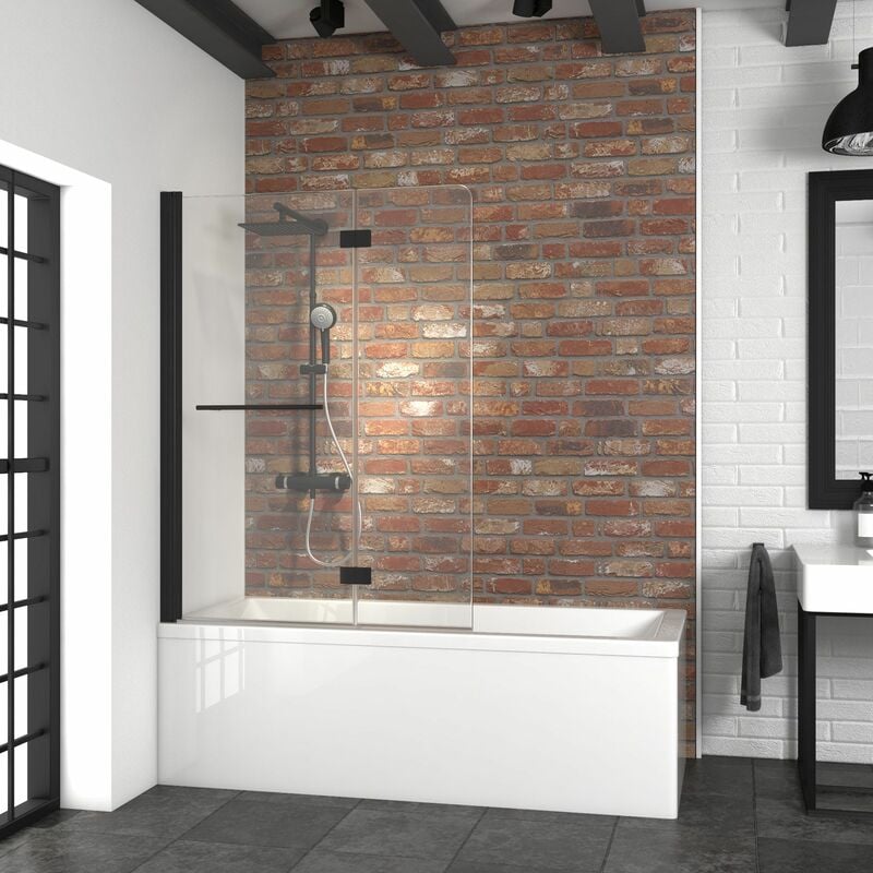 Pare-baignoire pliant 112 x 150 cm, verre transparent anticalcaire 5 mm, profilé noir, paroi de baignoire 2 volets, écran de baignoire pivotant