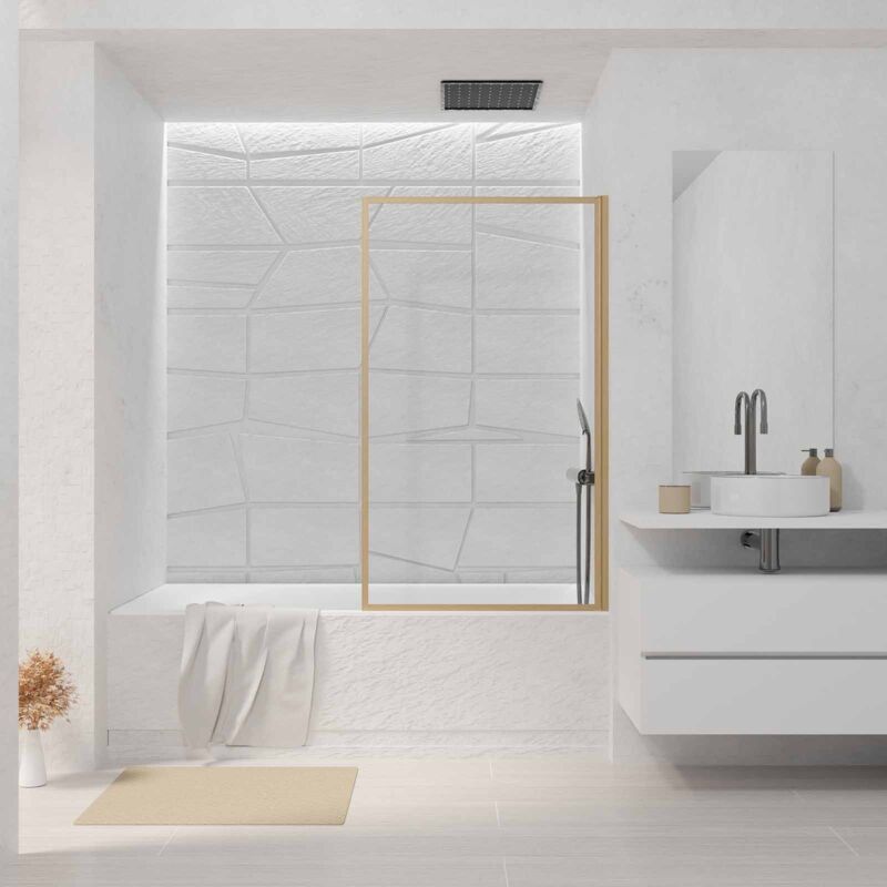 Aurlane - Pare baignoire Rabattable 80x140 cm - Cadre Aluminium Décor Bois - Verre Trempé Ondulé 4 mm