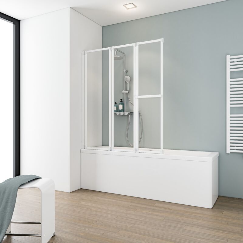 Pare-baignoire pliant, paroi - écran de baignoire 3 volets, pivotant, profilé blanc Schulte verre transparent, 127 x 140 cm