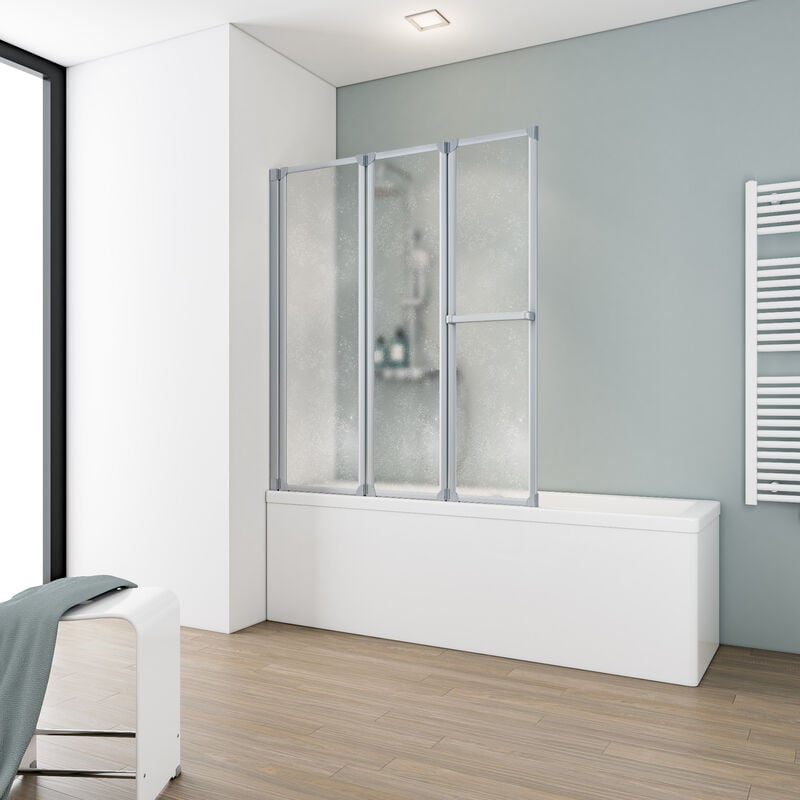 Pare-baignoire pliant, paroi - écran de baignoire 3 volets, pivotant, profilé alu-argenté Schulte verre synthétique, 127 x 140 cm