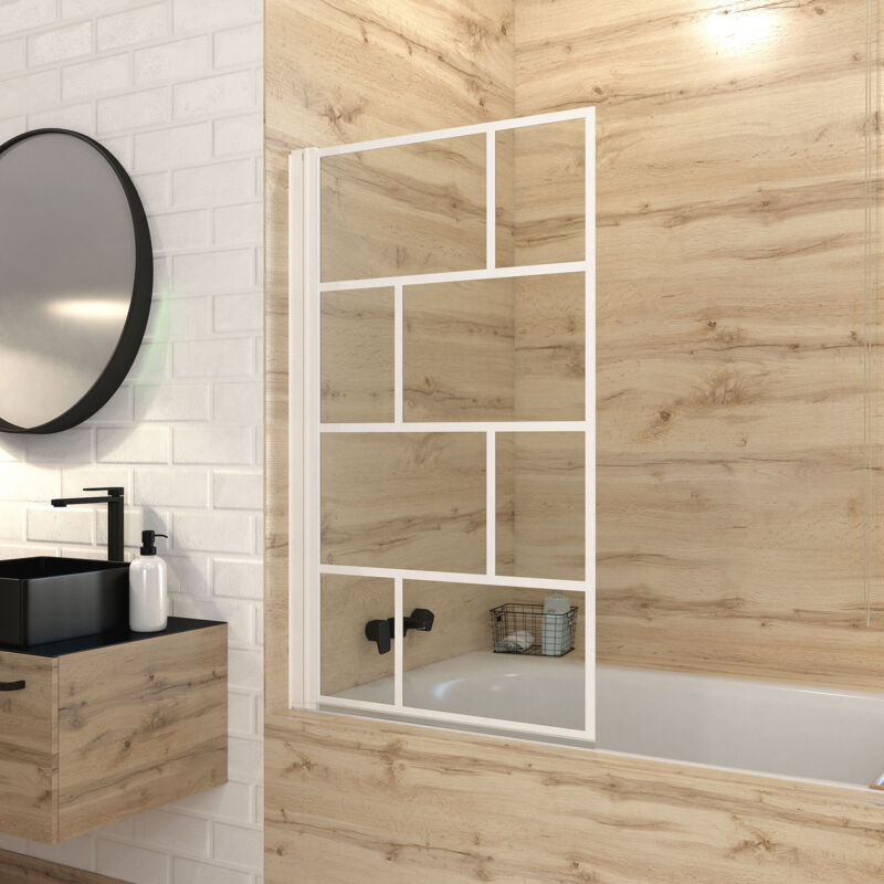 Aurlane - Pare Baignoire Rabattable 80x140cm - Sérigraphie Briques Blanches - Verre Trempé 4mm