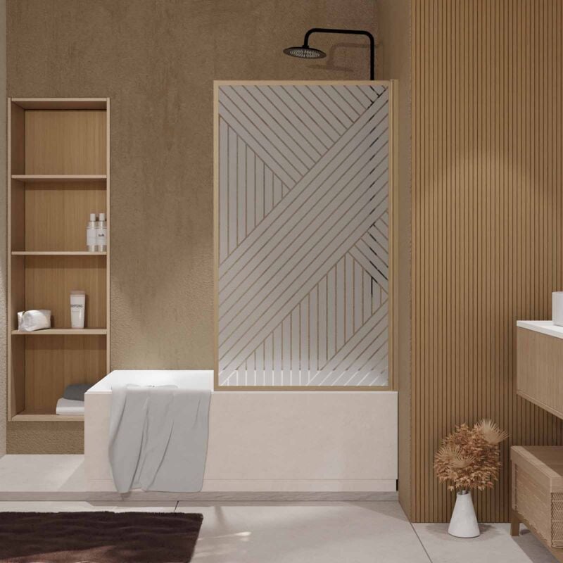 Pare baignoire pivotant 140x80 cm hinata - style Japandi géométrique - Cadre effet bois - Verre 5 mm