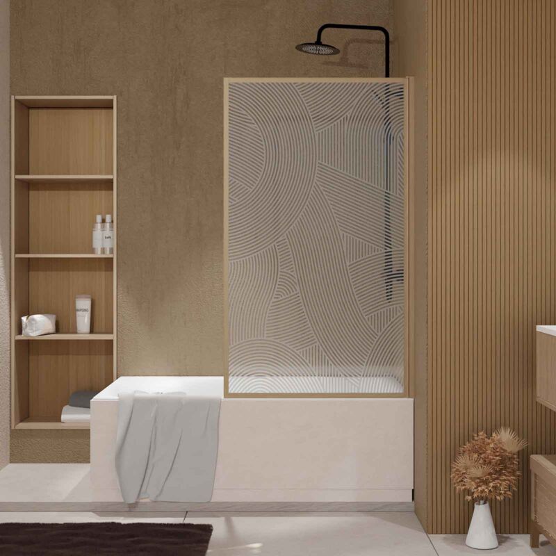 Pare baignoire pivotant 140x80 cm hinata - style Japandi courbes douces Cadre effet bois - Verre 5mm
