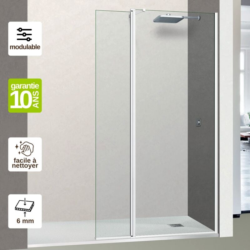 Pare douche fixe avec déflecteur Gauche en verre sécurité transparent ép 6mm easy clean, L(83+32)115H195 cm, profilé blanc Superban Alsace