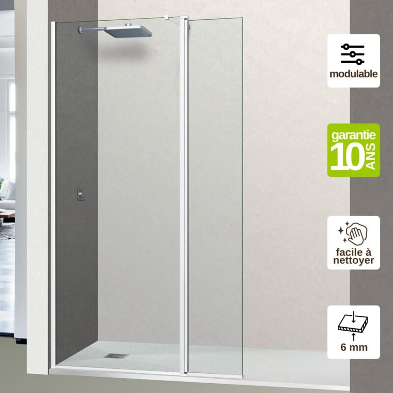 Pare douche fixe avec déflecteur Droit en verre sécurité transparent ép 6mm easy clean, L(83+32)115H195 cm, profilé blanc Superban Alsace