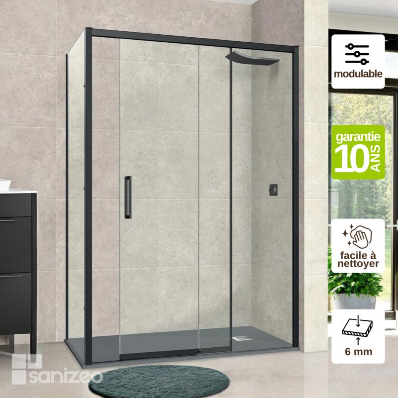 Superban - Pare douche porte coulissante et paroi latérale gauche, L.116/120l.80H195 cm, verre 6mm sécurit Easy Clean Noir Mat Vézannes 2PL